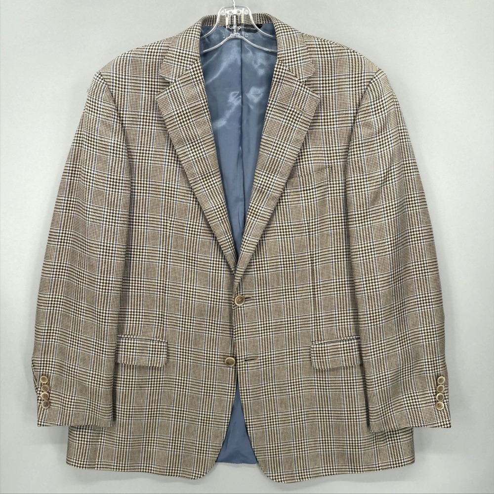 Samuelsohn Blazer Sport Coat Mens 42R Beige Glen Plaid Check Silk Canada Jacket